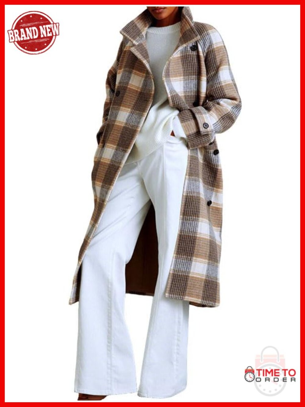 Wool Blend Plaid Trench Coat Belted Winter Overcoat